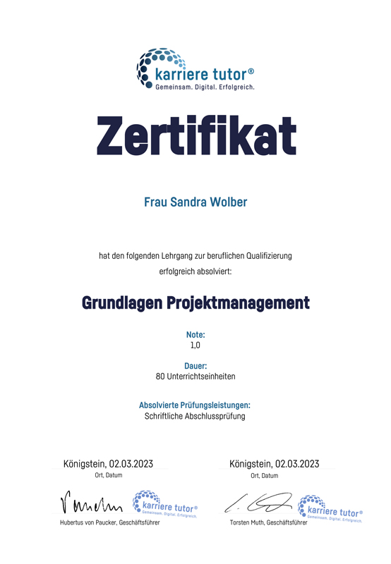 Zertifikat Grundlagen Projektmanagement | Sandras Eyecatcher